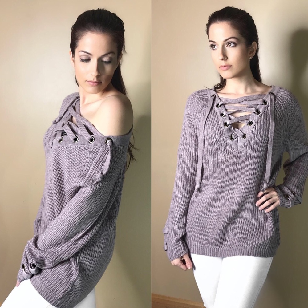 Dusty Mauve Lace Up Sweater - Picture 4 of 4